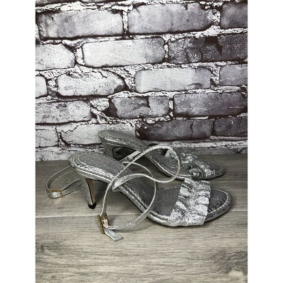 GOOD AMERICAN Metallic Silver Leather Strap Heeled Sandals Women Sz 7M US/37.5EU - Picture 12 of 16